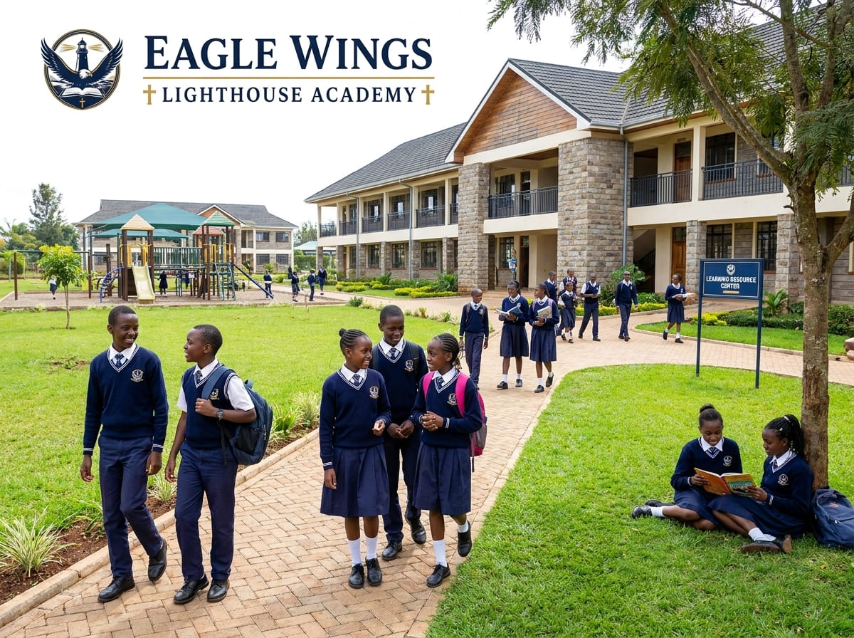 Eagle Wings Lighthouse Academy students near the Learning Resource Center building on campus