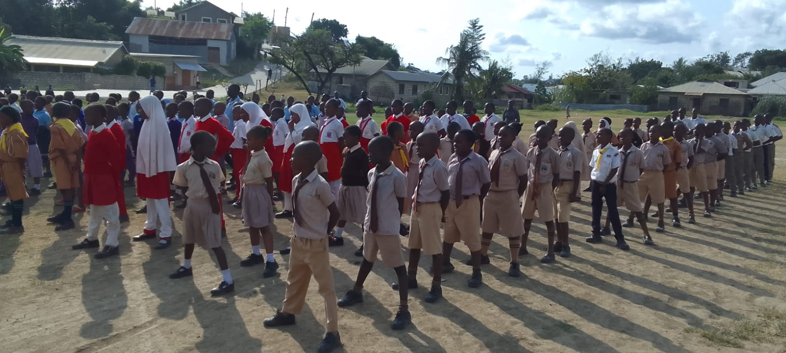 Multiple schools lined up in rows on an open field at a scouts rally